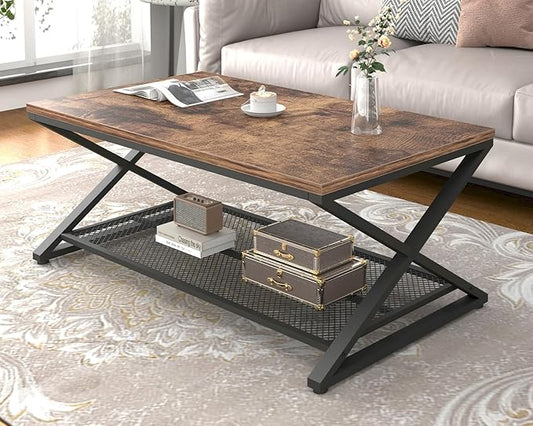 LVB Rustic Coffee Table, Industrial Metal Wood 2 Tier Cocktail Tea Table with Storage for Living Room, Farmhouse Wooden Rectangle Center Table with Mesh Shelf for Office Bedroom, 39 inch, Rustic Brown