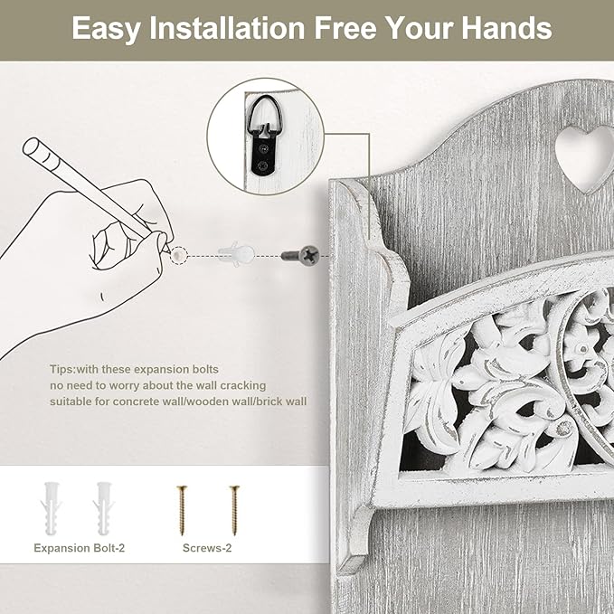 Mail Organizer with Key Holder,2-Slot Mail Holder with 4 Key Hooks for Wall Decorative, Wooden Hanging Organizer for File Letter in Shelf Home Farmhouse Decor for Entryway Office