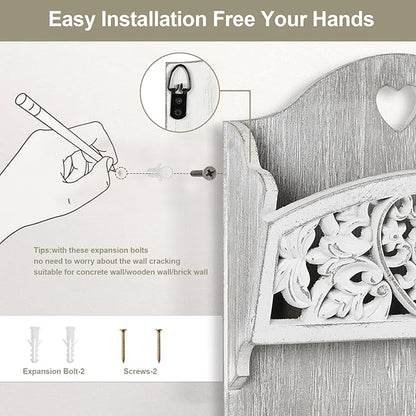 Mail Organizer with Key Holder,2-Slot Mail Holder with 4 Key Hooks for Wall Decorative, Wooden Hanging Organizer for File Letter in Shelf Home Farmhouse Decor for Entryway Office
