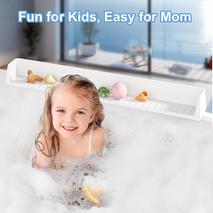 Tub Splash Guard for Kids,Bathtub Water Guard Play Shelf for Bathing, Toy Tray Caddy Holder for Tub, Silicone Splash Guard for Bathtub Prevent Water Spills in Bathroom (2.6FT, White)