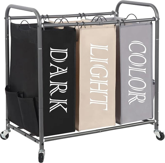 STORAGE MANIAC 3 Section Laundry Sorter, 35.9 Gal (136 L) Laundry Hamper Cart with Heavy Duty Rolling Lockable Wheel and Removable Bag, Clothes Organizer Basket Clothes Separator Hamper, Multicolored