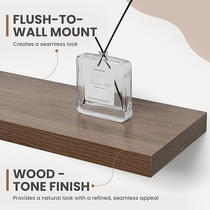 Acovy 16 Inch Floating Shelves, 8 Inch Deep Floating Shelves for Wall, Hanging Shelf with Invisible Brackets, Deep Shelves for Bathroom, Bedroom, Living Room, Walnut, Set of 2