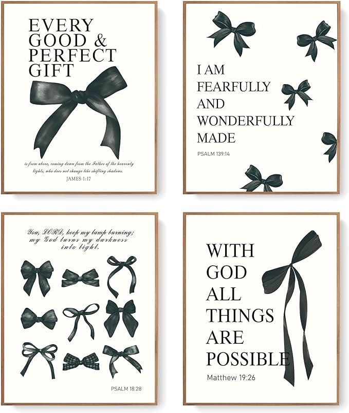 LARTSFRO Coquette Black Bow Christian Gifts Wall Art Decor Posters for Women, Black Bow Bible Room Bedroom Bathroom Dorm Wall Art Decor Aesthetic for Teen Girls Gifts, Inspirational Bible Verses Bow Wall Decor, 10x8 Inch Set of 4 Pcs Bow Pictures (UNFR...