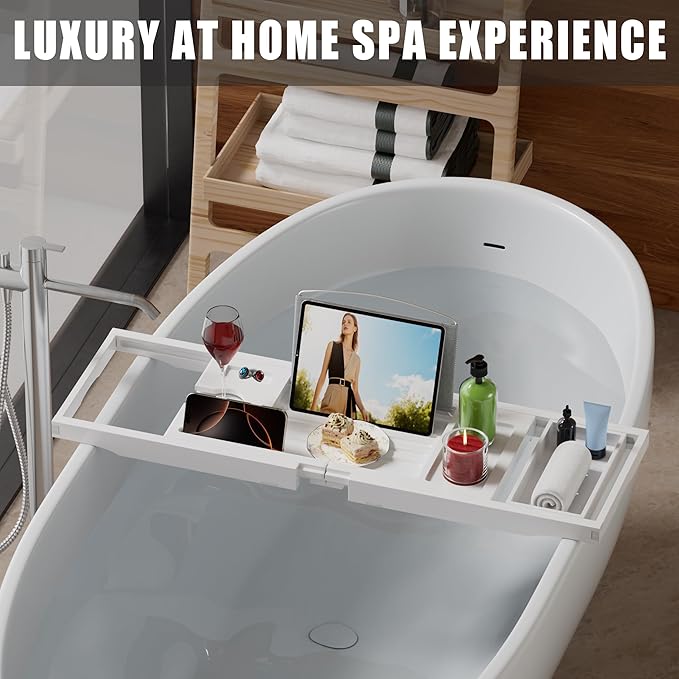 Foldable Bathtub Caddy Tray for Tub,Bamboo Expandable Bath Table Trays,Premium Bathroom Accessories for New Home & Mothers Day & Birthday Gifts for Couples,White