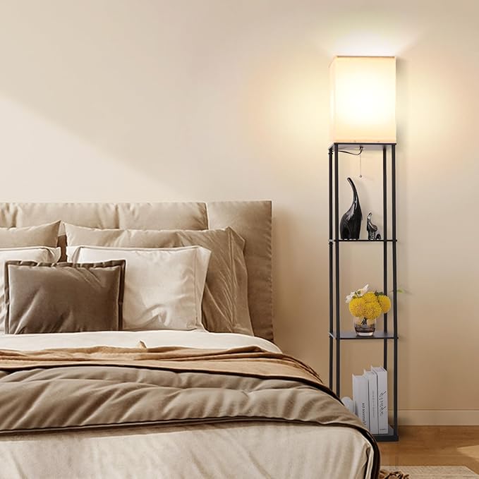 Gupuzm Floor Lamp with Shelves, with Modern Square Standing Lamp with Smart APP Control RGB Bulb, Corner Display Bookshelf Lamp for Living Room, Bedroom and Office (black-9RGB)