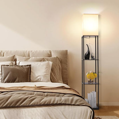 Gupuzm Floor Lamp with Shelves, with Modern Square Standing Lamp with Smart APP Control RGB Bulb, Corner Display Bookshelf Lamp for Living Room, Bedroom and Office (black-9RGB)