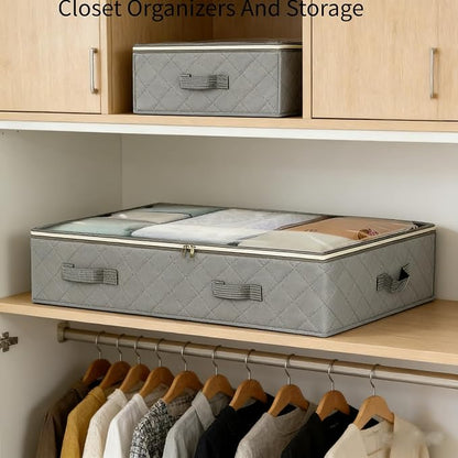 4 Pack 90L Under Bed Storage, Closet Organizers and Storage Containers with Clear Window Foldable Underbed Storage Bags for Clothes,Shoes, Blankets Pillows, Linen Sheets, Grey