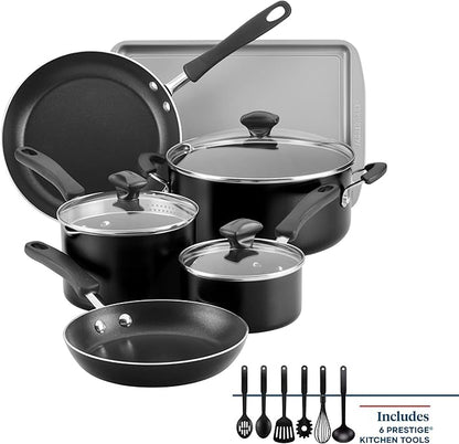 Farberware Cookstart DiamondMax Nonstick Cookware/Pots and Pans Set with Glass Lids, Dishwasher Safe, Includes Baking Pan and Kitchen Cooking Tools, 15 Piece - Black