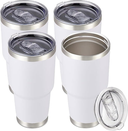 30 oz Tumbler with Lid Stainless Steel Tumblers Bulk Vacuum Insulated Cup Reusable Powder Coated Travel Mug Double Wall Leak Proof Cups Keep Cold Drinks for 12 Hours White, Set of 4