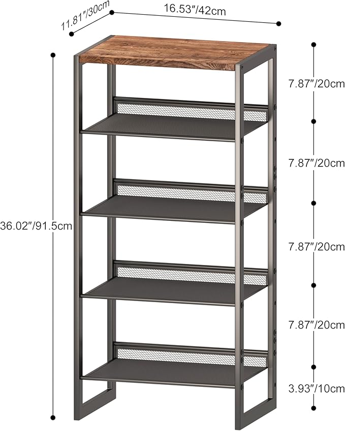 Narrow 5-Tier Shoe Rack, Slim Space-Saving Shelf with Decorative Wood Top & Steel Mesh, Entryway/Closet/Dorm Organizer, 16.5x11.8x36 Inches