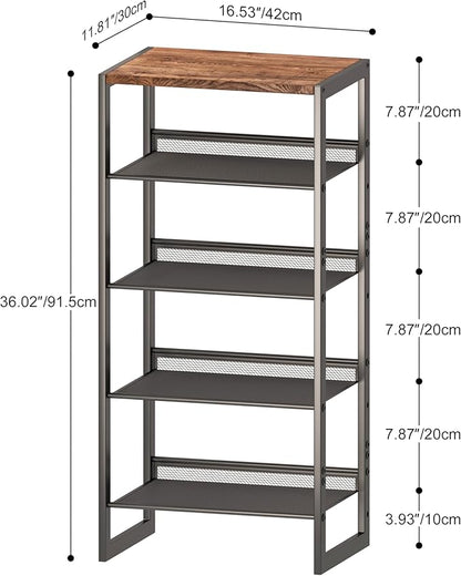 Narrow 5-Tier Shoe Rack, Slim Space-Saving Shelf with Decorative Wood Top & Steel Mesh, Entryway/Closet/Dorm Organizer, 16.5x11.8x36 Inches