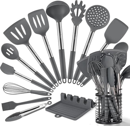HOTEC 446°F Heat Resistant Silicone Kitchen Utensils, Cooking Utensil Set, Spatula Set, BPA Free, Kitchen Gadgets, with Stainless Steel Utensils Holder, Dishwasher Safe, 14pcs Grey
