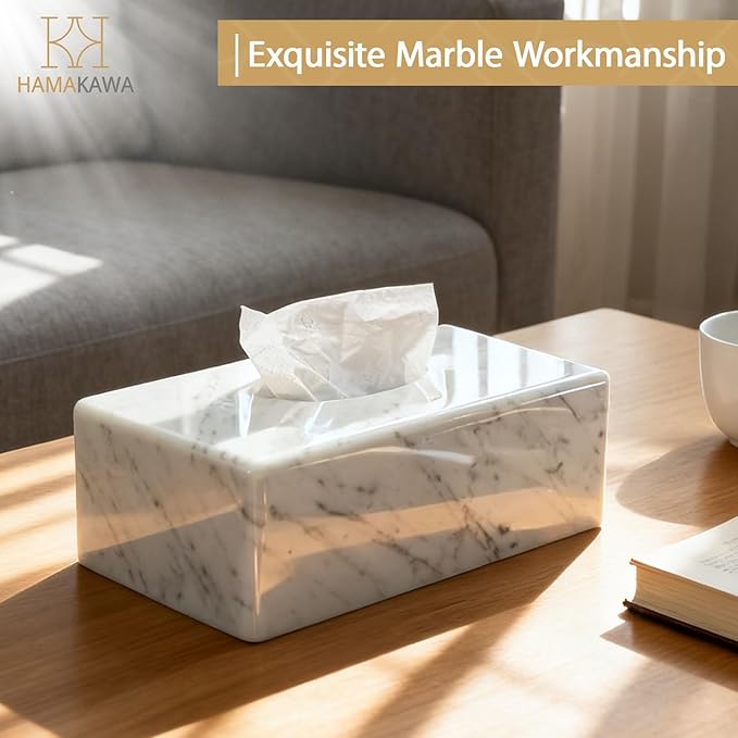 HAMAKAWA Natural Marble Tissue Box Cover, Carrara White Tissue Organizer 10 x 5.7 x 3.5 inch, Heavy Stone Decorative Box, Rectangle Tissue Box Holder for Home Decor, Kitchen, Bathroom, Bedroom