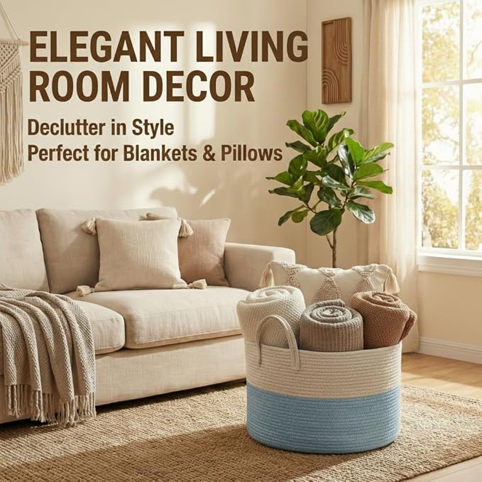 JMvicyroam 65L Extra Large Blanket Basket for Living Room - Woven Cotton Rope Laundry Hamper with Reinforced Handles - Storage Bin for Pillows, Comforters & Toys - Machine Washable,White&Blue