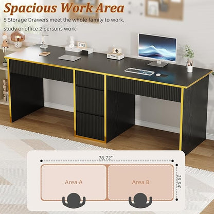 4 EVER WINNER 78.72‘’ Extra Long Black Desk with Drawers, 2 Person Desk with 5 Storage Drawers, Computer Desk with Storage Shelves,Double Desks Workstation with Shelf for Home Office, Black