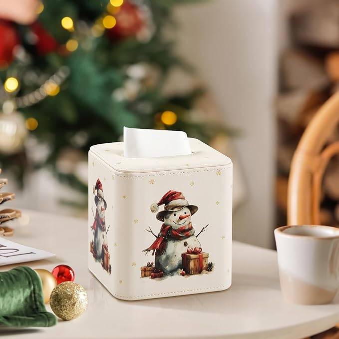 MEIBOOCH PU Leather Tissue Box Cover with Magnetic Closure, Square Tissue Box Holder with Rounded Edges Design (Snowman, Square)