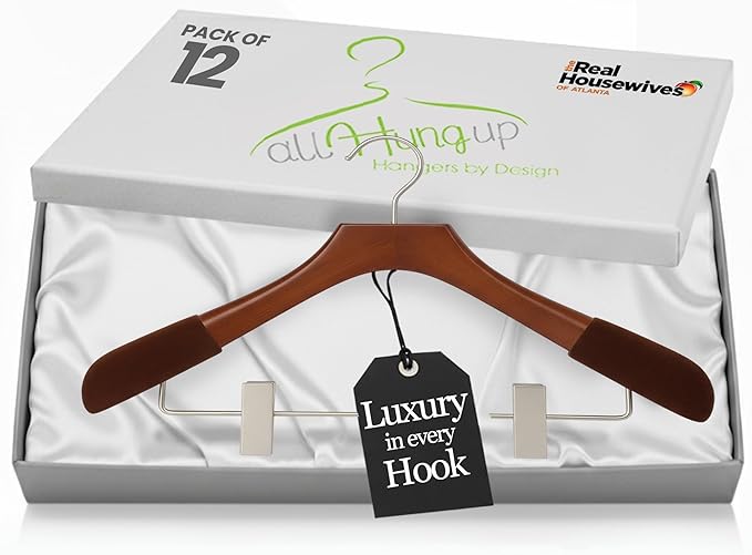 Wooden Hangers with Clips for Women, Solid Wood Skirt & Suit Hangers, Heavy-Duty Adjustable Non-Slip Design with Velvet Grip, High Gloss Brown with Brown Velvet, 12 pcs