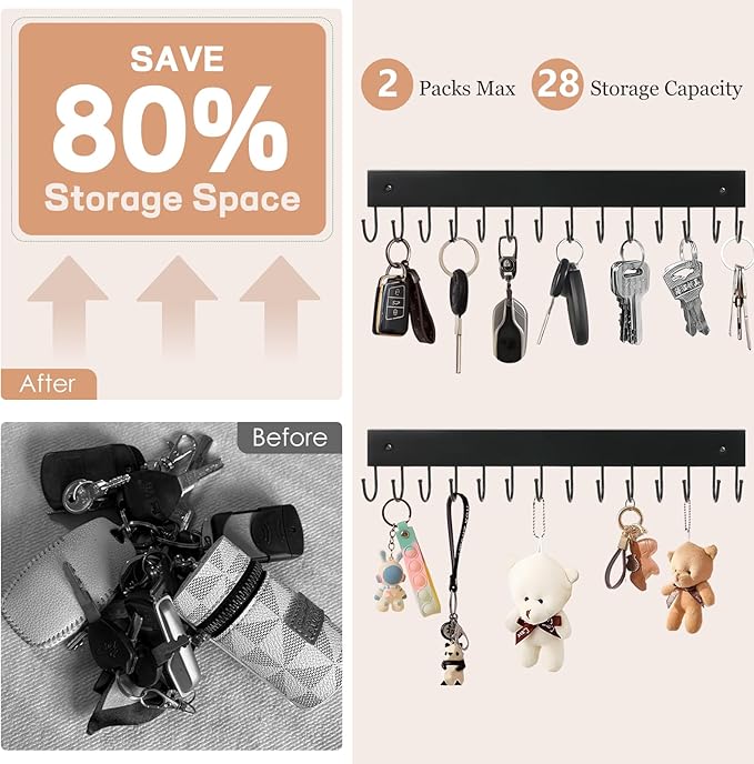 2Pack Key Holder Wall Mount with 28 Rotating 180° Key Hooks, 14.6" Rustproof Organizer Hanger for Apartment Decor, Wall Storage Rack for Entryway, Living Room, Hallway, Bathroom, Kitchen(Black)