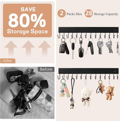 2Pack Key Holder Wall Mount with 28 Rotating 180° Key Hooks, 14.6" Rustproof Organizer Hanger for Apartment Decor, Wall Storage Rack for Entryway, Living Room, Hallway, Bathroom, Kitchen(Black)