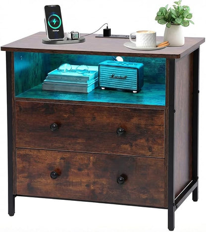 27 Inch Wide Night Stand, Large Wood Night Stand with 2 Drawers, LED Nightstand with Charging Station and Adjustable Drawer, Bedside Table for Living Room/Bedroom/Study/Office, Retro.