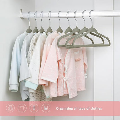 ManGotree 11" Baby Velvet Hangers, Non-Slip Infant Coat Hangers, Ultra-Thin Toddler Felt Hanger with 360° Swivel Hook, Space Saving Children's Hanger for Kids Clothes, 48 Pack (Grey)