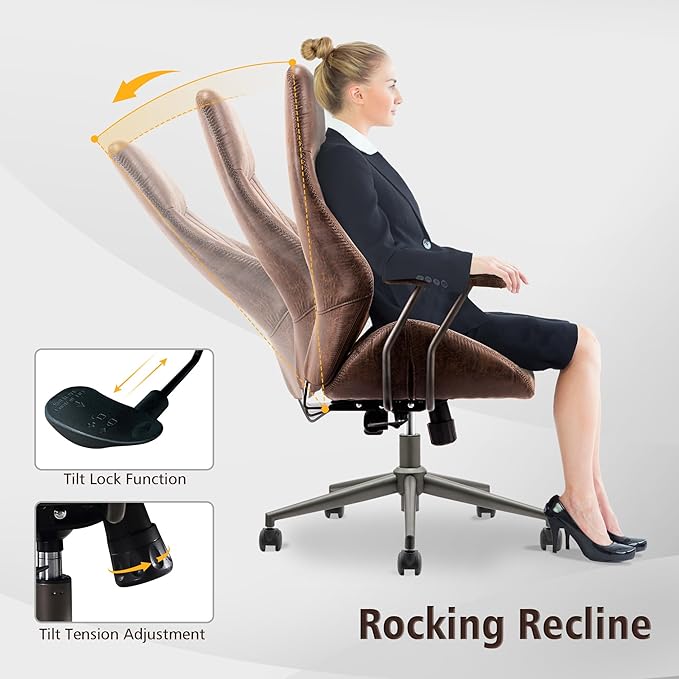 ovios Home Office Chair, Mid-Century Modern Faux Suede Leather Ergonomic Chairs, High Back Comfy Computer Swivel Rolling Task Executive Armchair, Dark Brown
