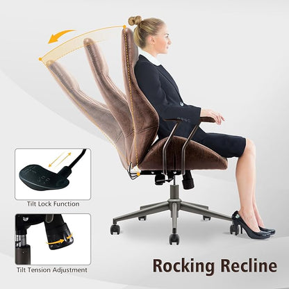 ovios Home Office Chair, Mid-Century Modern Faux Suede Leather Ergonomic Chairs, High Back Comfy Computer Swivel Rolling Task Executive Armchair, Dark Brown