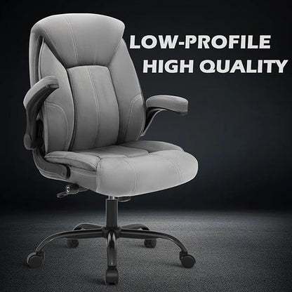 YAMASORO Executive Office Chair,Big and Tall Ergonomic Desk Chair with Adjustable Lumbar Support, Comfortable Computer Chair wih Flip-up Arms and Wheels, Gray