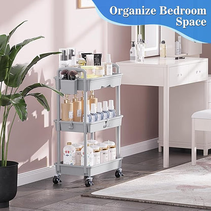 SUNALLY 3 Tier Rolling Cart with Drawer, Bathroom Storage Organizer with 2 Lockable Wheels, Multifunctional Rolling Storage Cart for Bathroom, Kitchen, Office, Craft, Makeup, Baby Essentials, Gray