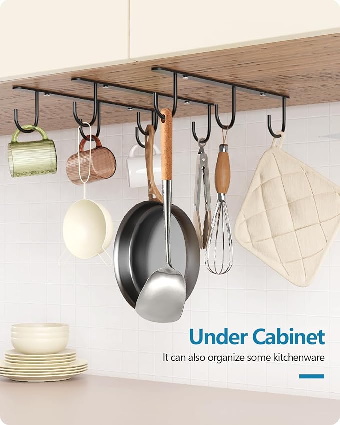 Luckinow 3 Pack Mug Hooks Under Cabinet, Coffee Mug Holder for Hanging Under Shelf, Cup Hanger with 9 Hooks for Displaying Mugs, Coffee Cups and Kitchen Utensils, Black