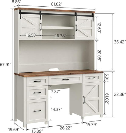Farmhouse 67" H Executive Desk with Hutch,Office Desks with 5 Drawers, Computer Desk with Storage Cabinet & File Drawers and Charging Station, Wood Workstation for Home Office,Study.(Unique White).