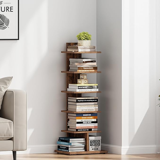 TUTOTAK Narrow Bookshelf, 6-Tier Bookcase, Spine Book Shelf for Small Space, Corner Standing Shelf for Living Room, Office, Study, Entryway, Rustic Brown BS06BB016