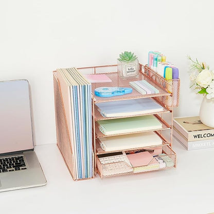 Desk Organizers and Accessories, 5-Tier Paper Letter Tray Organizer with File Holder, Drawer & Pen Holder, Office Desk Accessories, Desktop Organizer for Classroom Office Supplies, Rose Gold