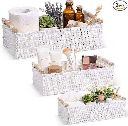 Boao 3 Pcs Boho Storage Wicker Baskets Handmade Woven Decorative Paper Rope Baskets for Organizing with Handle Countertop Toilet Paper Storage Container for Toilet Tank Top(White,Rectangle)