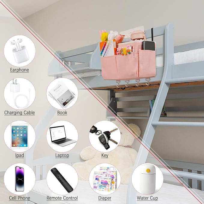 Bedside Storage Organizer 5 Pockets with 4 Hooks Hanging Storage Bag for Headboards/Bunk Bed (Pink)