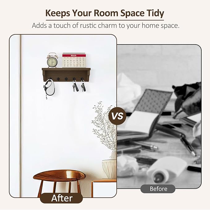 Nekon Key Holder for Wall, 11.8" W x 3.5" H x 2.8" D Decorative Key Organizer with Floating Shelf, Wall Mount Key Rack with 5 Hooks (Rustic Brown)