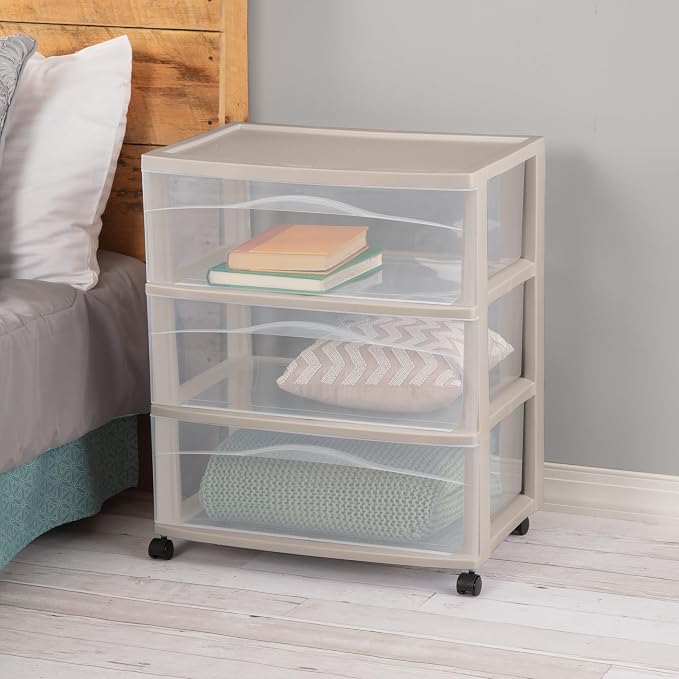 Sterilite 3 Pack Wide 3 Drawer Storage Cart, Rolling Organization, Grey | Clear Plastic Organizer Drawers with Wheels for Craft Supplies, Bath Essentials, or Home Accessories