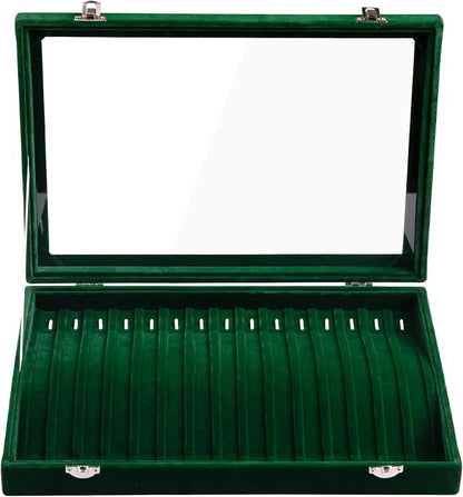 Frebeauty 15 Hooks Necklace Tray Velvet Neckalce Organizer with Clear Lid Lockable Necklace Holder Box Jewelry Organizer for Pendants Chains Necklace Jeweley Tray for Women Girl (Blackish Green)