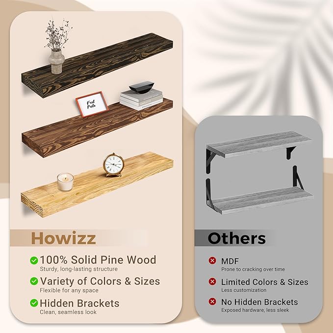 Howizz 60'' Pine Wood Floating Shelf for Wall - Rustic Wall Mounted Wooden Shelf for Stylish Home Décor, Fireplace Mantel 60inch (Dark Brown, 60x8x2) - 1pcs