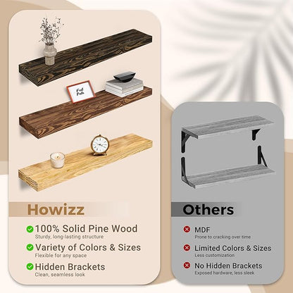 Howizz 24'' Pine Wood Floating Shelves for Wall- Set of 2 - Rustic Wall Mounted Wooden Shelf for Stylish Home Décor (Dark Brown, 24x6.5x1.25), 2pcs