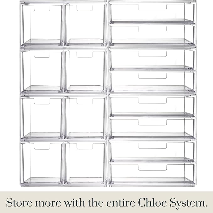 STORi Stackable Desk Organizer Drawers, Clear Pen Pencil Makeup Brush Holder for Desktops and Vanities, 4 Multi-size Drawers (Made in USA)