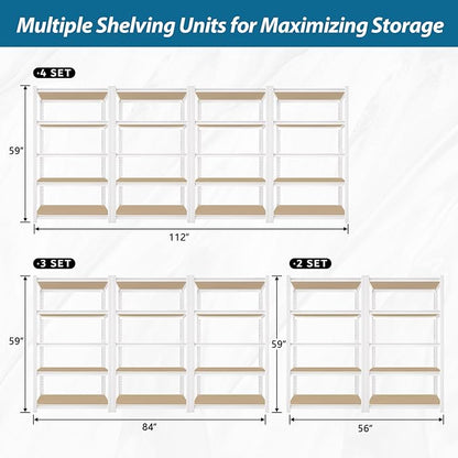 PrimeZone 28" W x 12" D x 59" H Closet Storage Shelves - 5 Tier White Metal Connector Shelving, Adjustable Heavy Duty Garage Shelves, Utility Rack Organizer Shelf for Kitchen Pantry Closet, 2 PCS