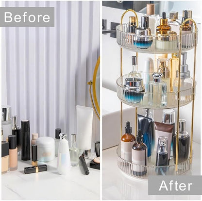 INVSSENE 360° Rotating Makeup Organizer, Bathroom Make Up Spinning Holder Rack, Large Capacity Cosmetics Storage Vanity Shelf Countertop, Fits Cosmetics, Perfume, Skincare, Lipsticks(3 Tiers, Clear)