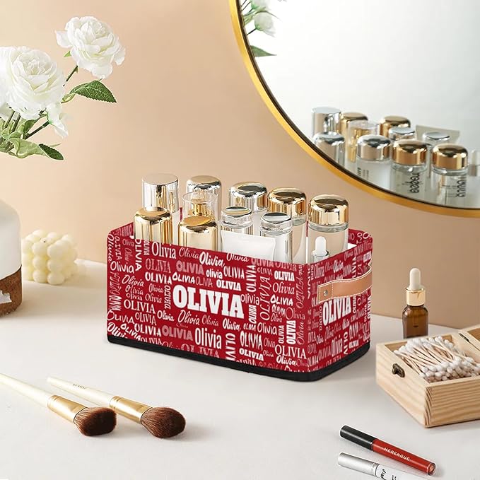 Personalized Small Kids Toys Box with Name, Custom Solid Red Nursery Baskets, Women Makeup Organization Custom Storage Toilet Paper Organizer