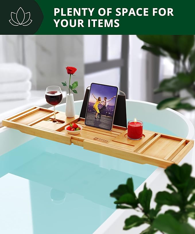 ROYAL CRAFT WOOD Premium Foldable Bathtub Tray Caddy - Wood Bath Tray for Tub, Bamboo Shelf, Expandable Bath Table Trays, Bathtub & Bathroom Accessories for New Home & Mothers, Birthday Gifts for Mom