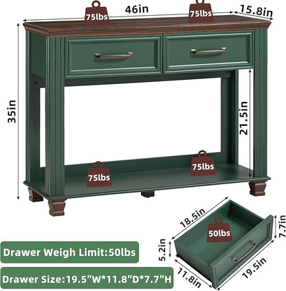 Farmhouse 46" Console Table with 2 Drawers, Rustic Wood 2 Tier Entryway Table with Open Storage Shelf for Entry, Large Mid-Century Vintage Sofa Tables Behind Couch for Living Room, Green
