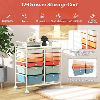 LDAILY 12 Drawer Rolling Storage Cart, Craft Cart Organizer on Wheels w/Metal Frame, Large Capacity & Smooth Drawer, Rolling Cart w/Drawers for Classroom, Office