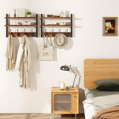 YMYNY Coat Rack Wall Mount with Shelf, Two-Tier Wall Shelf Mounted with 8 Hooks, Wooden Wall Coat Rack for Entryway, Bedroom for Hanging Clothes/Coats/Keys/Hats/Towels, Rustic Brown, HWS009H-2