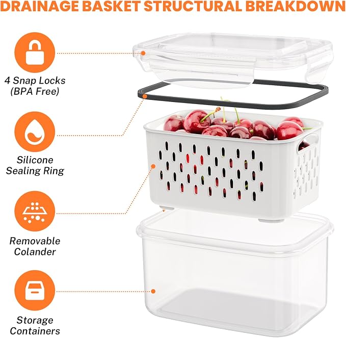 8 Pieces Fruit Storage Containers for Fridge with Lids and Strainer, 4Pack Fruit Containers for Fridge, Fresh Produce Saver Keeper for Vegetable Fruit Salad, BPA Free Fruit Organizer for Refrigerator