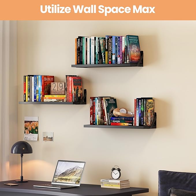 upsimples Floating Book Shelves for Wall, 23.6 Inches Floating Wood Shelves for Living Room, Laundry Room, Bedroom, Office Organizer and Storage, Black